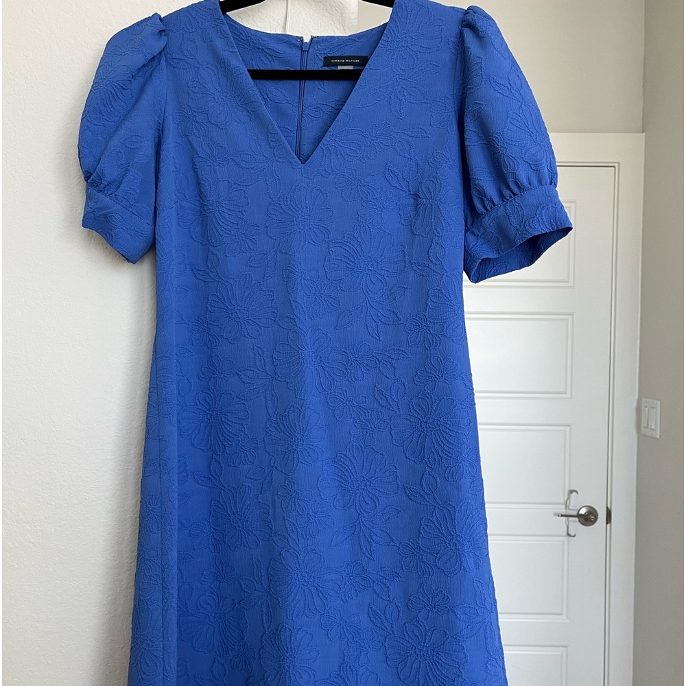 Cute blue Women's Blossom Jacquard Puff-Sleeve Dress